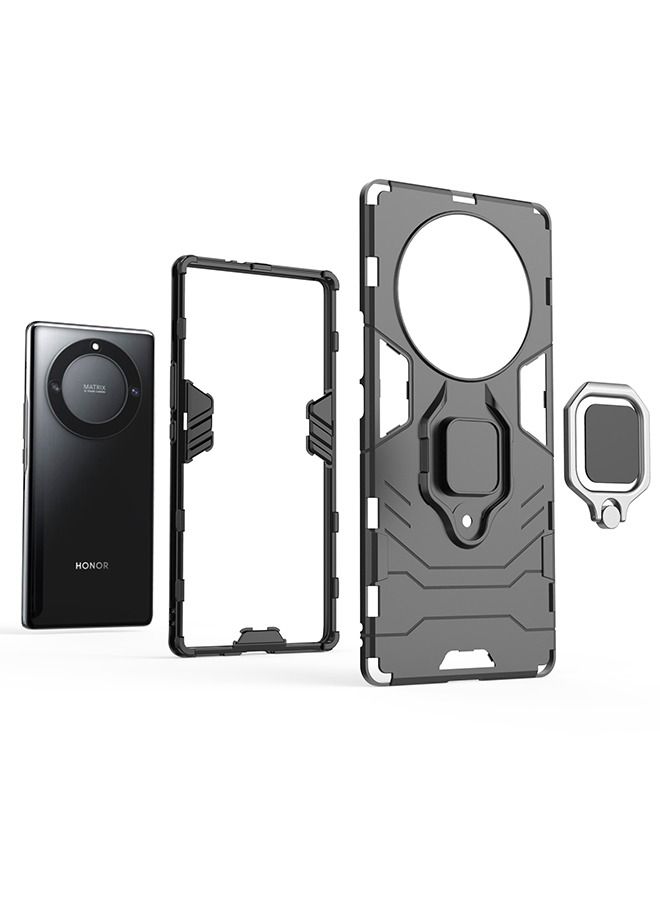 Compatible with Honor X9A 5G Case with Ring Magnetic Bracket Heavy Armor Double Layer PC TPU Shockproof and Dropproof Protective Cover(Black)