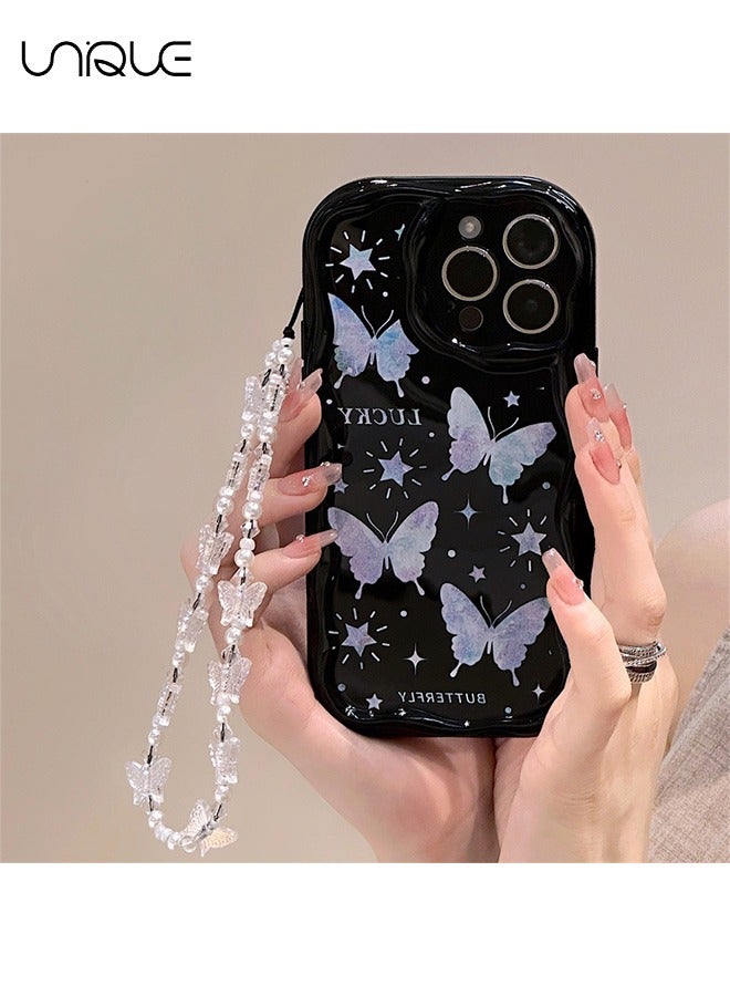 For iPhone 15 Pro Max Phone Case - Laser Butterfly Phone Case - TPU Protective Case - Shockproof Ultra Thin Phone Case Female Girl, Black / With Lanyard