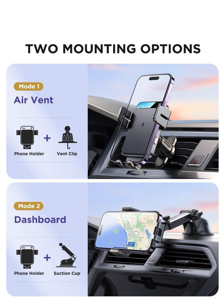 15W Qi Fast Wireless Car Charger Mount, Dashboard And Air Vent Cell Phone Holder For iPhone 14 Pro Max/14Pro/14/13 12 11, Galaxy S22/S20+ Black