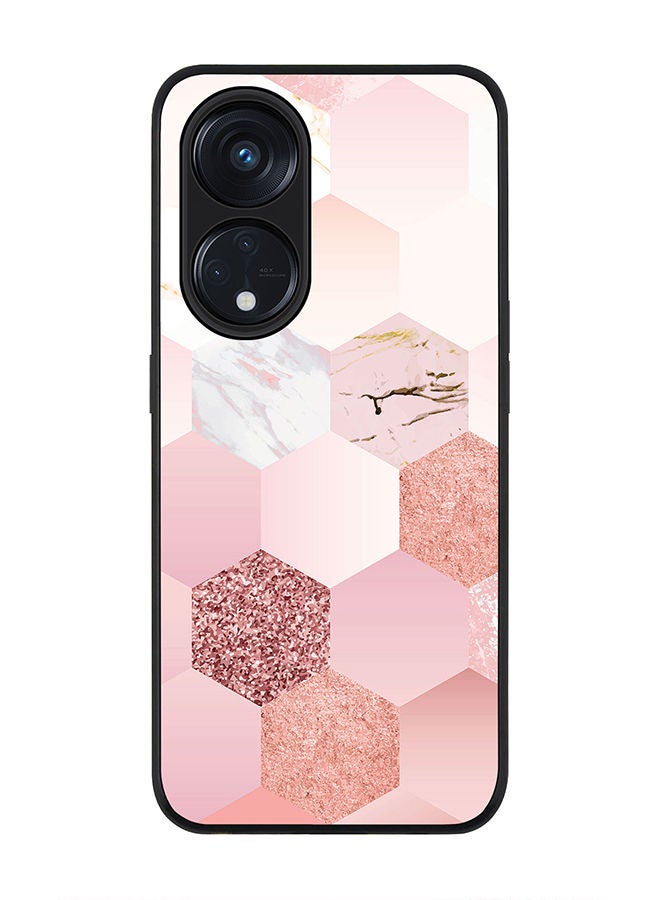 Rugged Black edge case for Reno 8T 5G / Oppo A1 Pro 5G Slim fit Soft Case Flexible Rubber Edges Anti Drop TPU Gel Thin Cover - Marble Pink Honeycomb