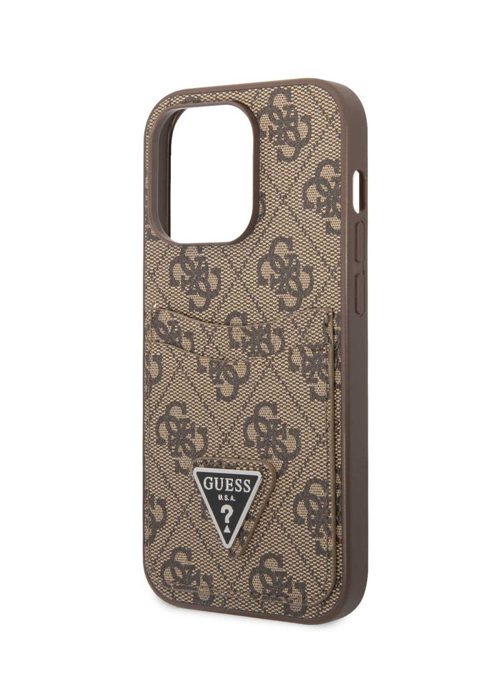 Guess PU Leather Case with Double Card Slot 4G Double Triangle Logo for iPhone 15Pro- Brown