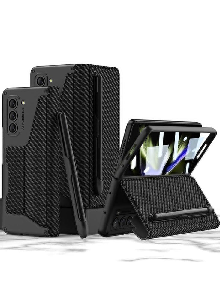 Samsung Galaxy Z Fold 5 Case With S Pen Holder Premium Leather Wallet Case Built In Screen Protector Detachable Pen Slot Carbon Fibre Black