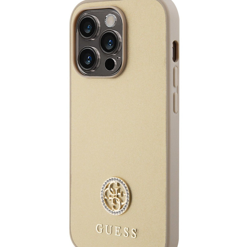 Guess PU Case with Metal 4G Strass Logo for iPhone 15 Promax - Gold