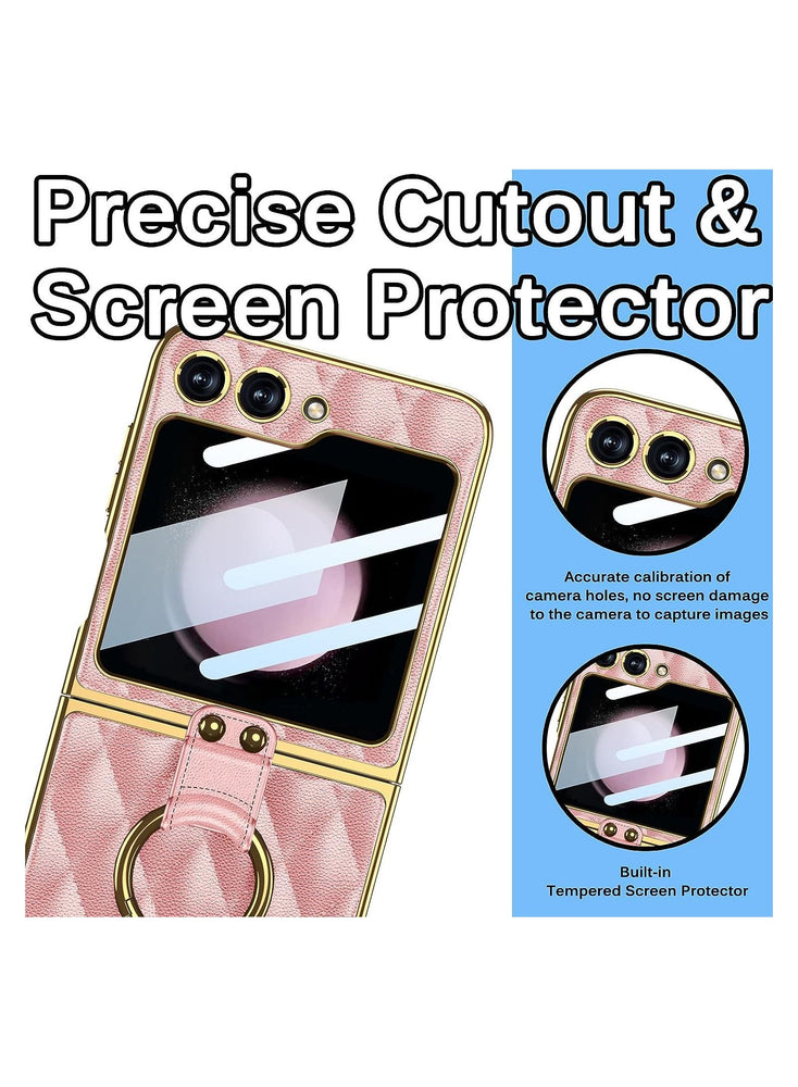 Case for Samsung Galaxy Z Flip 5 Case, Built-in Screen Protector with Ring Holder Leather Case with Golden Color Plating Shockproof Anti-Skid Full Coverage Protective Cover for Z Flip 5