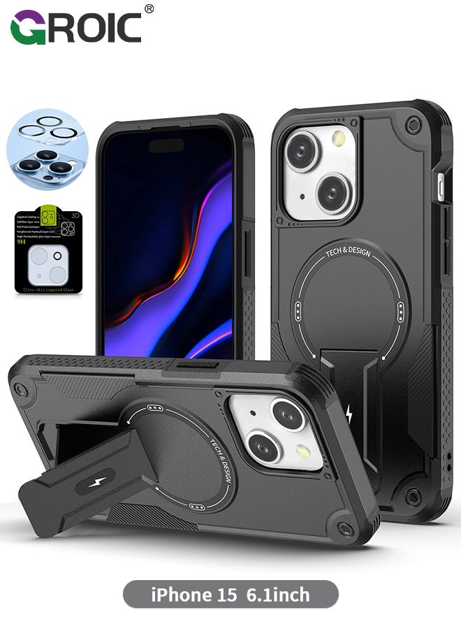 Case for iPhone 15 6.1 Inch Case with 1 Pack Camera Lens Protector, Built-in Stand [Compatible with MagSafe] Shockproof Vertical and Horizontal Kickstand Phone Case for iPhone 15