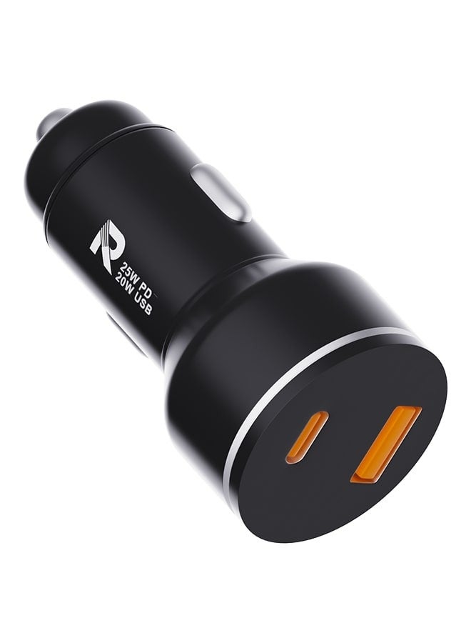 25W PD Fast Car Charger (GaN) Dual Ports USB A, Type C Charger Compatible With iphone 15/15 Plus/15 Pro/15 Pro Max/14/13/12/11, Samsung, OnePlus, Huawei- Black