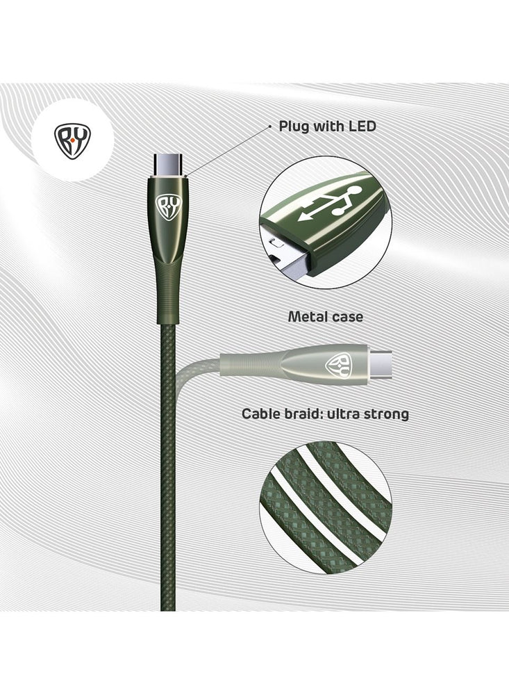 USB C Cable 1M 3A Fast Charging Cable QC3.0 Type C USB Data Transfer Metal Glossy Plug with LED and Strong Cevlar Braid Green Colour