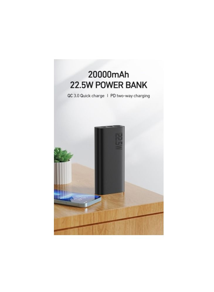 PD 22.5W Power Bank 20000 mAh Super Fast Charging Portable Charger 1 Type C 1 Micro USB and 2  USB A Output Compatible with iPhone, Samsung, iPad and more- Black