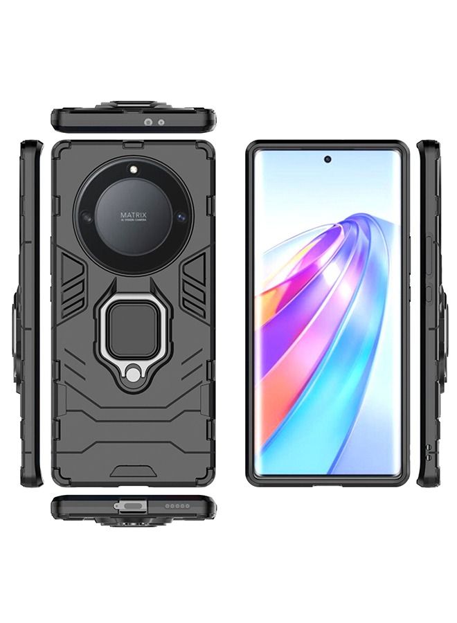 Compatible with Honor X9A 5G Case with Ring Magnetic Bracket Heavy Armor Double Layer PC TPU Shockproof and Dropproof Protective Cover(Black)