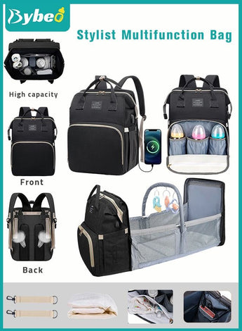 Baby Diaper Bag Backpack, Multifunction Diapers Changing Station & Toy Bar for Outdoor and Travel, Infant Shower Gifts, Large Capacity, USB Port, 3 Toys