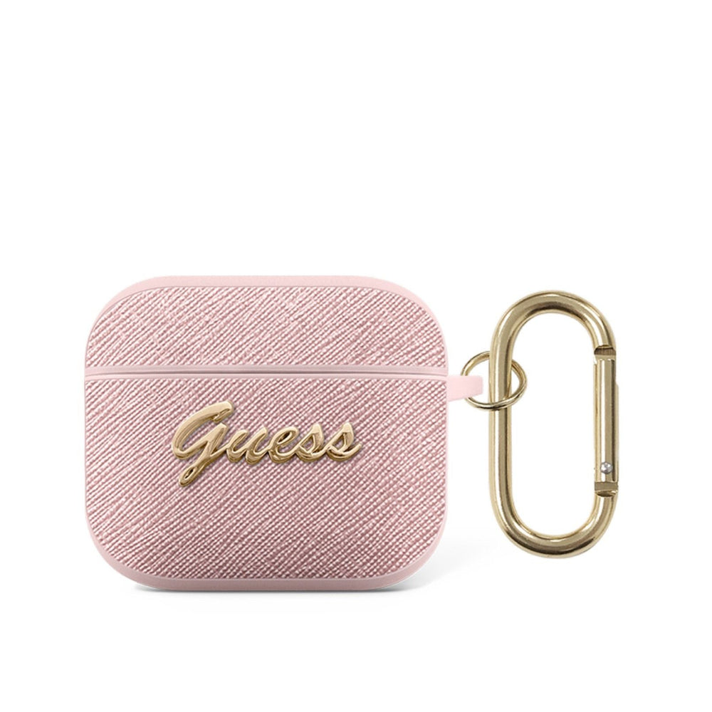 Guess Airpods 3 PC PU Saffiano With Script Metal Logo, Scratch & Drop Resistant, 360 Protection, Easy to Install and Effectively Absorbs Shock - Pink