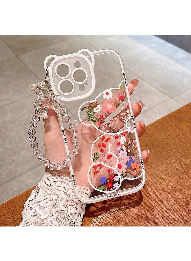 Compatible with iPhone 15 Pro Max Case, Cute Flowers Bear Camera Protector Clear Case Cover with Lovely Strap Bracelet Chain Girls Women Case for iPhone 15 Pro Max