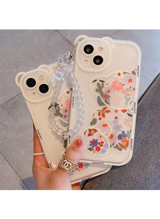 Compatible with iPhone 15 Case, Cute Flowers Bear Camera Protector Clear Case Cover with Lovely Strap Bracelet Chain Girls Women Case for iPhone 15