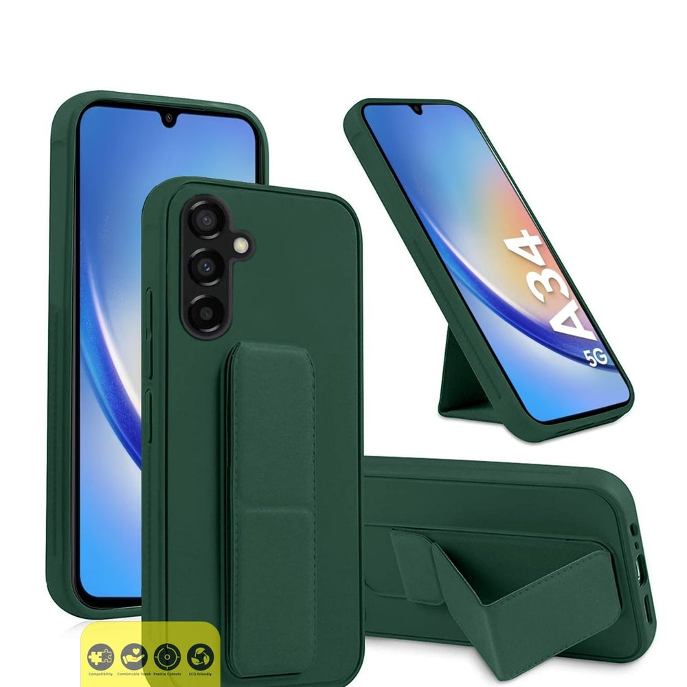 Hand Grip Foldable Magnetic Kickstand Wrist Strap Finger Grip With Built-in Iron Case Cover For Samsung Galaxy A34 5G 2023 Dark Green