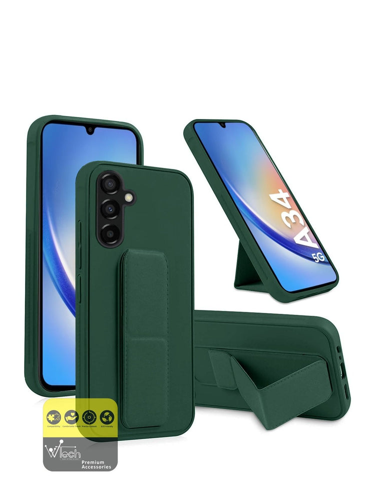 Hand Grip Foldable Magnetic Kickstand Wrist Strap Finger Grip With Built-in Iron Case Cover For Samsung Galaxy A34 5G 2023 Dark Green