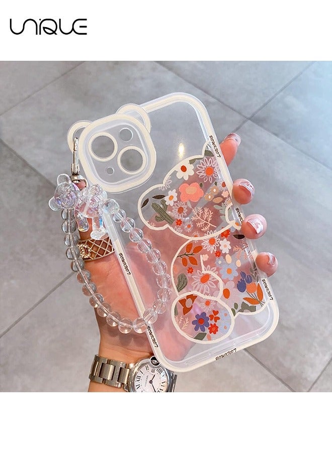 Compatible with iPhone 15 Case, Cute Flowers Bear Camera Protector Clear Case Cover with Lovely Strap Bracelet Chain Girls Women Case for iPhone 15