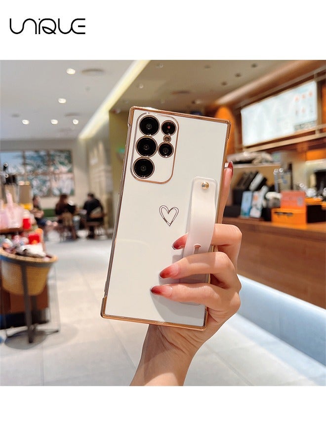 Compatible Samsung Galaxy S23 Ultra 5G Enclosure with Finger Strap Luxury Cute Heart Electroplating Phone Case Full Body Protection Stand Cover for Galaxy S23 Ultra 5G 2023 Female Girl - White