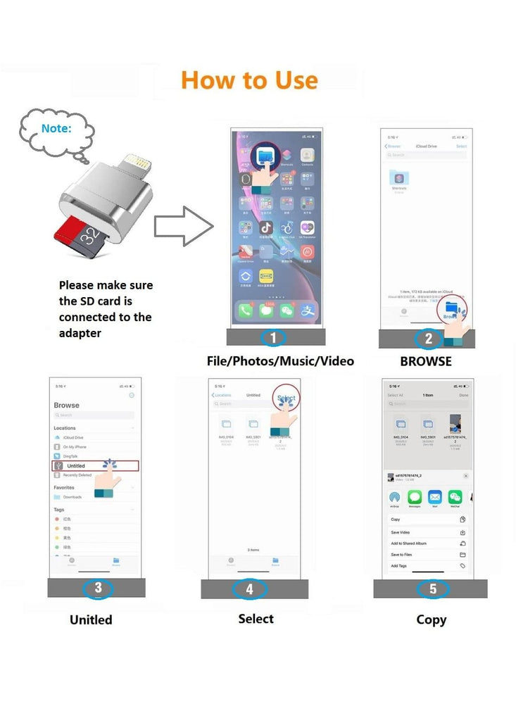Micro SD Card Reader for iPhone iPad Micro SD Card Reader Viewer Adapter Memory Card Reading for iPhone 14/13/12/Pro/11/X/XR/Max/8 Support
