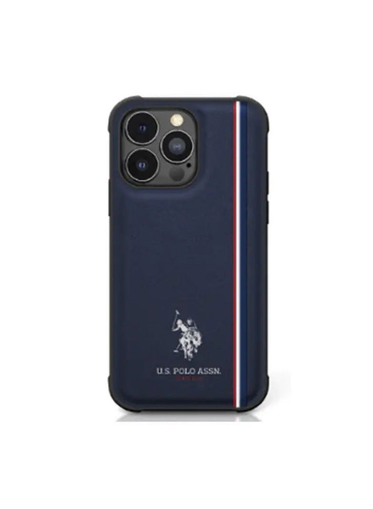 U.S. Polo. Leather Case With DH Tricolor Line For iPhone 15 Pro Max (Navy)