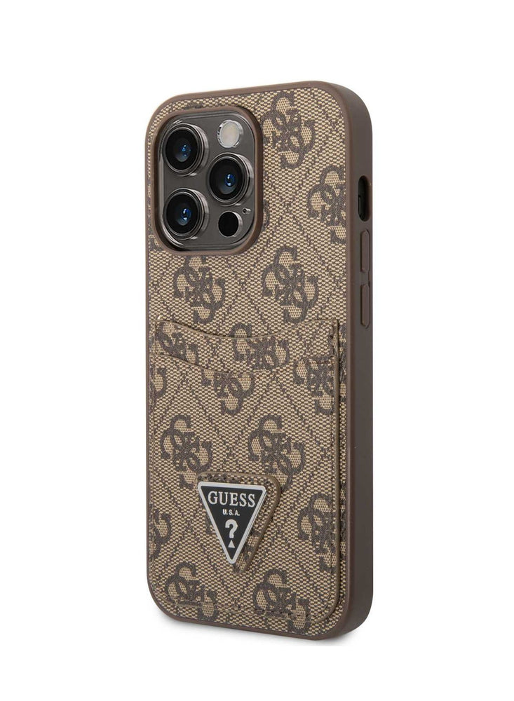 Guess PU Leather Case with Double Card Slot 4G Double Triangle Logo for iPhone 15Pro- Brown