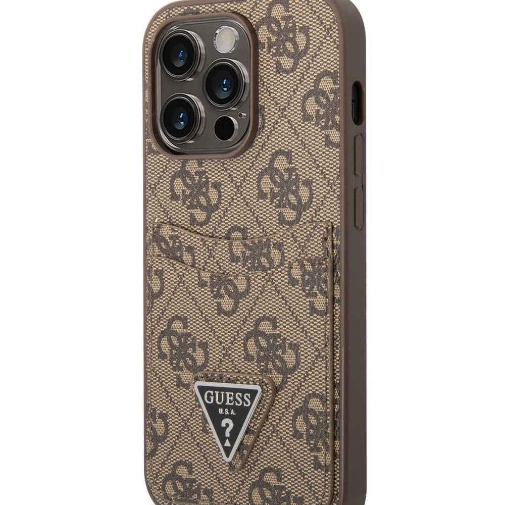 Guess PU Leather Case with Double Card Slot 4G Double Triangle Logo for iPhone 15Pro- Brown