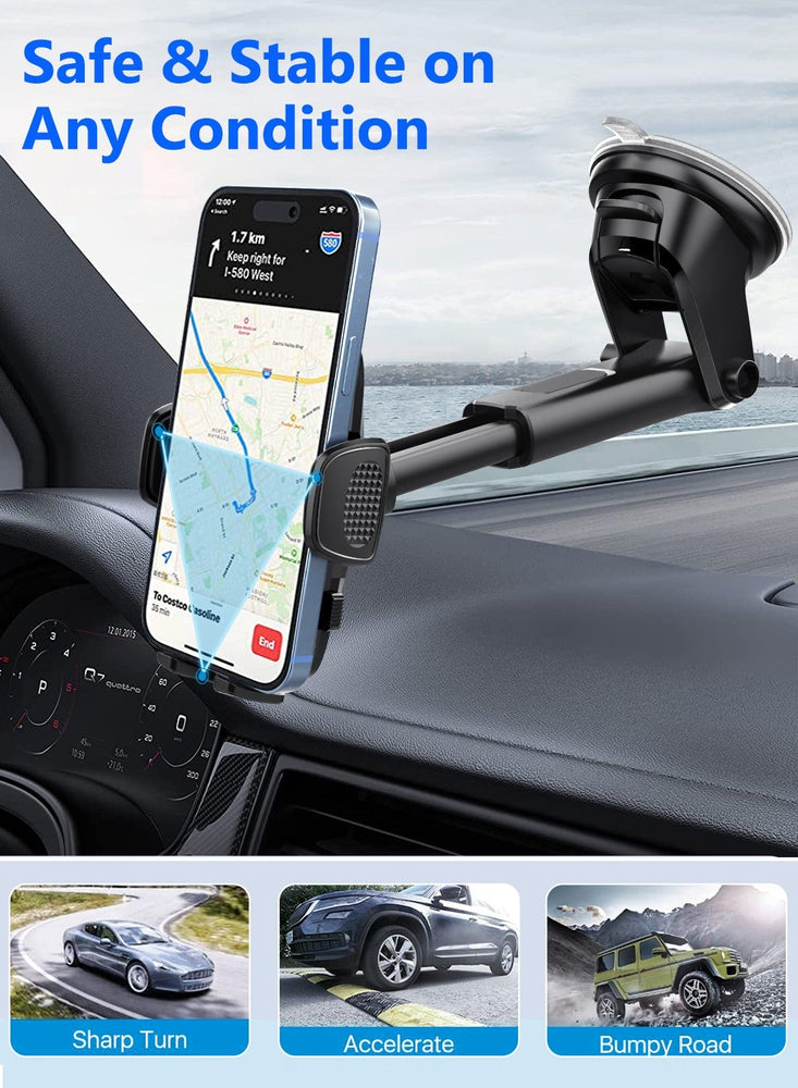 Phone Holder Car Mount - Powerful Suction, Dashboard/Windshield/Air Vent Mount, Universal Accessories, Thick Cases Friendly, Automobile Cell Phone Holder for iPhone Smartphones