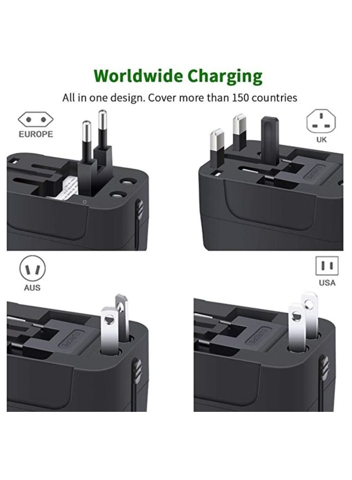 All In One Worldwide Travel Adapter with Two USB Charging Ports Black