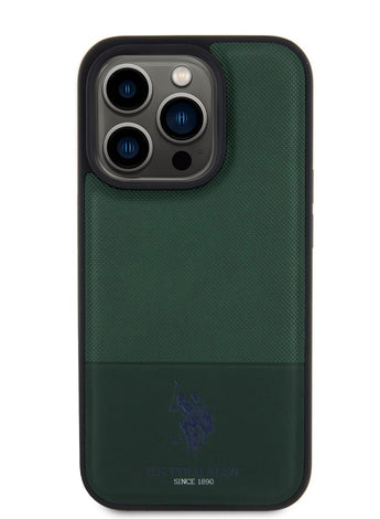 U.S. Polo Leather Mesh Pattern Case For iPhone 15 Pro Max (Green)