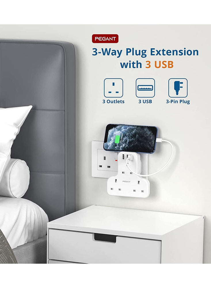 3 Way Multi Plug Power Extension with 3 USB