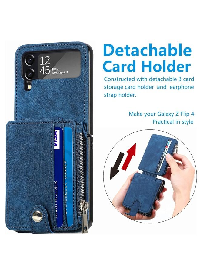 Galaxy Z Flip 4 Wallet Case with Card Holder 2 in 1 Detachable Zipper Wallet, Slim Fit Retro PU Leather Protective Flip Phone Cover for Samsung Galaxy Z Flip 4 5G 2022 (Blue)