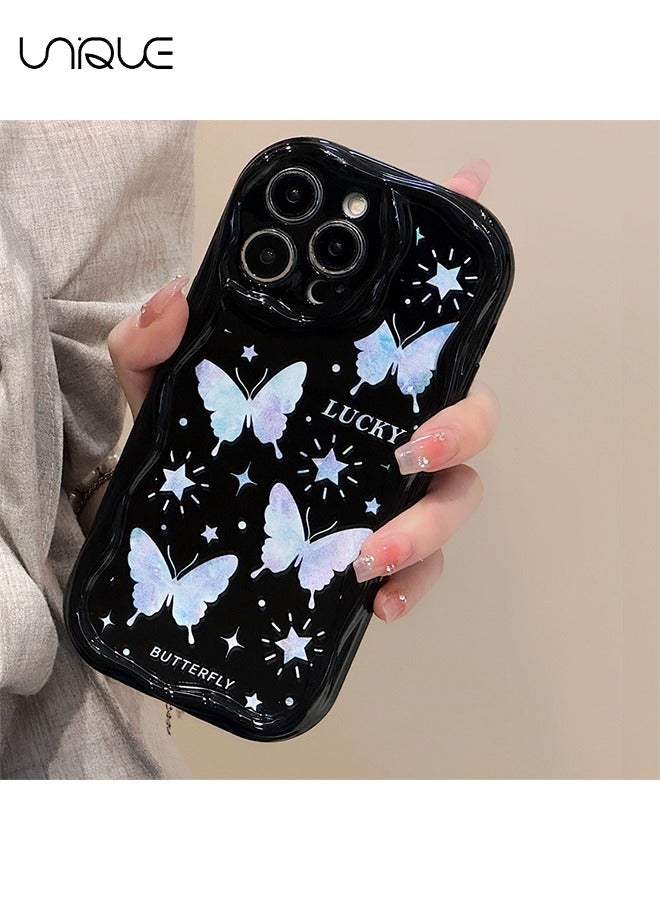 For iPhone 15 Pro Max Phone Case - Laser Butterfly Phone Case - TPU Protective Case - Shockproof Ultra Thin Phone Case Female Girl, Black / With Lanyard