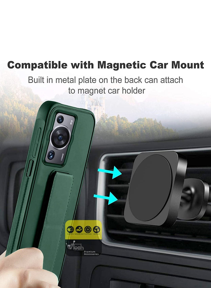 Hand Grip And Multi Stand Magnetic Car Mount Kickstand Finger Strap Case Cover For Huawei P60 Pro 2023 Dark Green