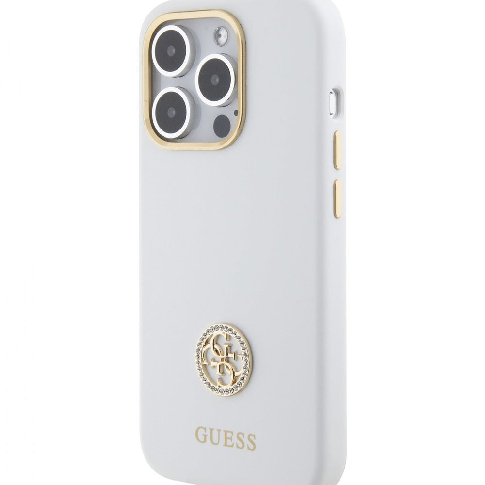 Guess Silicone Case with 4G Strass Logo Case for iPhone 15 Promax - White