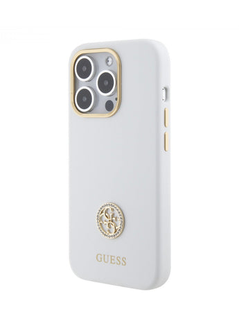 Guess Silicone Case with 4G Strass Logo Case for iPhone 15 Promax - White