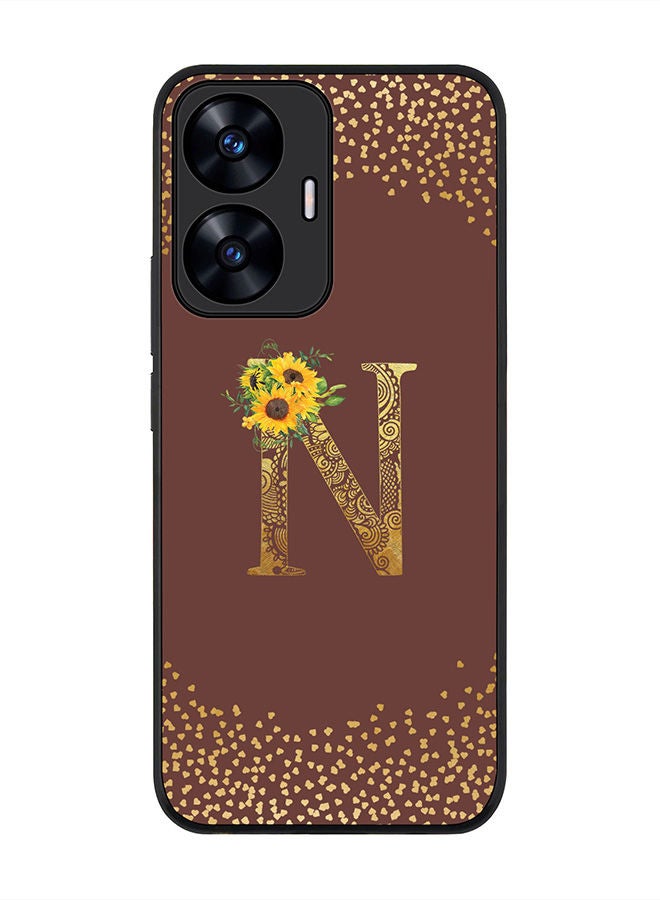 Rugged Black edge case for Realme C55 4G Slim fit Soft Case Flexible Rubber Edges Anti Drop TPU Gel Thin Cover -  Custom Monogram Initial Letter Floral Pattern Alphabet - N  (Brown )