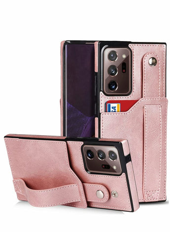 Case for Samsung Note 20 Ultra Wallet with Adjustable Wrist Strap Kickstand PU Leather Credit Card Holder Hybrid Protective Cover Galaxy 5G 6.9" Rose Gold