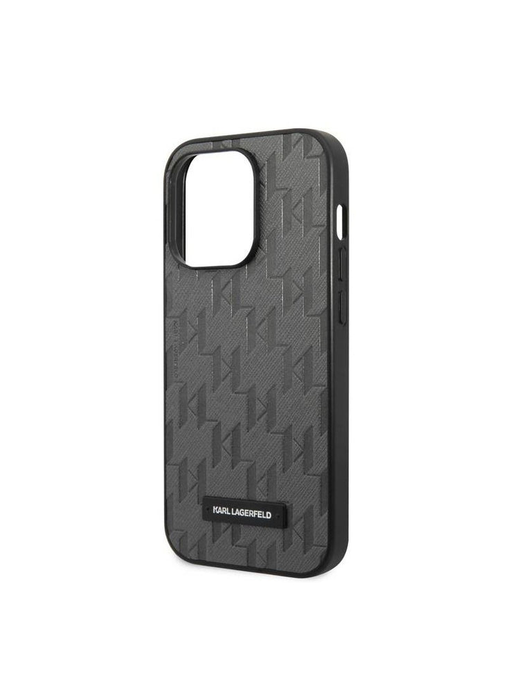 Saffiano Monogram Case, New Classic design With Metal Plate Logo Compatible With iPhone 14 Pro - Grey