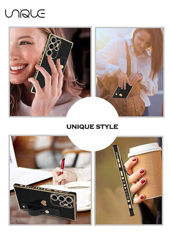 Compatible Samsung Galaxy S23 Ultra 5G Enclosure with Finger Strap Luxury Cute Heart Electroplating Phone Case Full Body Protection Stand Cover for Galaxy S23 Ultra 5G 2023 Female Girl - Black