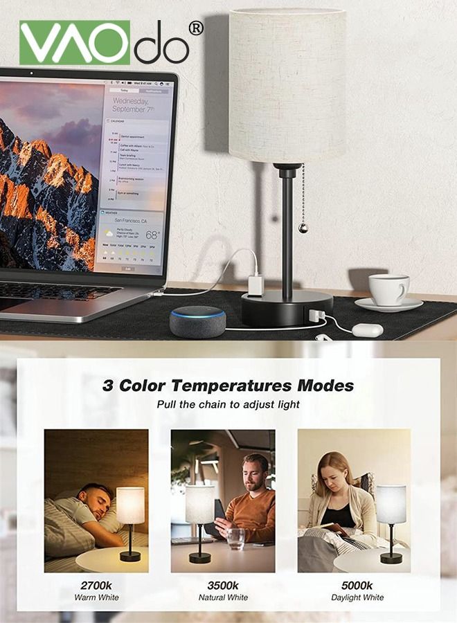 Bedroom Lamps 3 Color Temperatures with USB C and A Ports Pull Chain Table Lamps with AC Outlet White Nightstand Lamps with Black Metal Base for Kids Reading