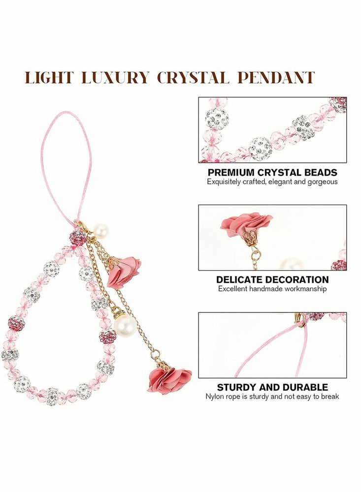 Cell Phone Straps, Creative Crystal Flower Pendant Charm Phone Strap Charm, Non- Slip Phone Lanyard Cute Pocket Keychain Strap for Car Key Purse Phone Decoration Accessories (Pink)