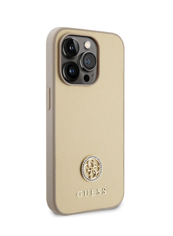 Guess PU Case with Metal 4G Strass Logo for iPhone 15 Promax - Gold