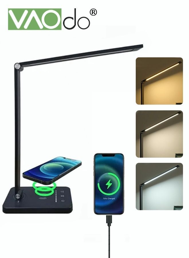 LED Desk Lamp with Dimmable USB Charging Port Touch Controlled Home Desk Lamp Bright Reading Table Lamp 3 Color Modern Eye Light Natural Light Task Lamp Black