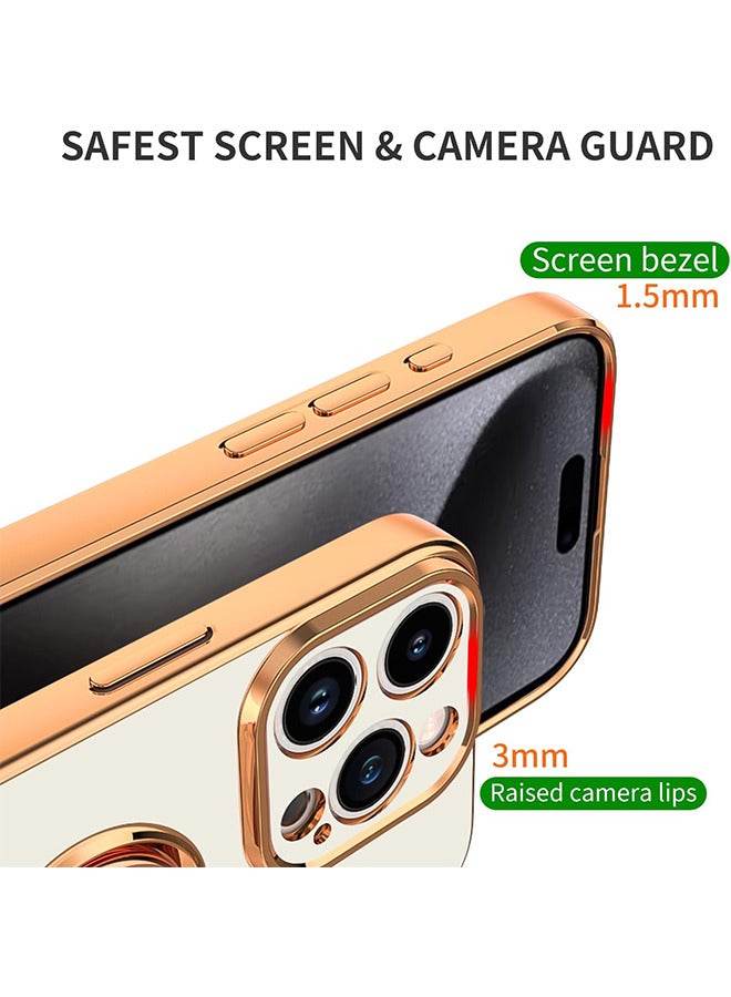 Compatible With iPhone 15 Pro Max Case For Women And Men, Plating Built-In 360 Rotation Magnetic Ring Kickstand Holder Soft Slim Shockproof Bumper Protective Cover (White)