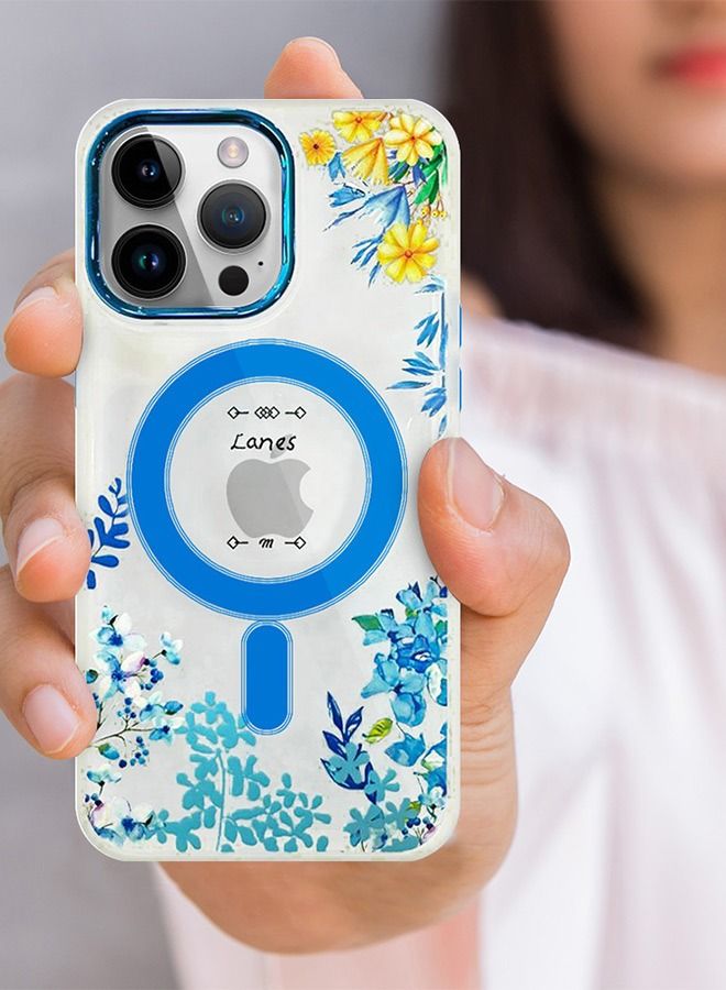 Case for Apple iPhone 14 PRO Romantique Floral Design Fashion Flower Compatible with MagSafe & Wireless Charging Cover BLUE