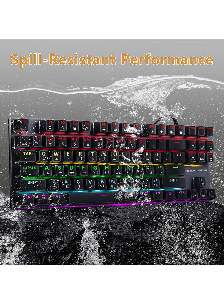 English Arabic Mechanical Gaming Keyboard with RGB LED Rainbow Backlit Quick Response USB Wired E-sport Waterproof 87 Keys Keyboard for Windows/MacOS/Android PC Gamers