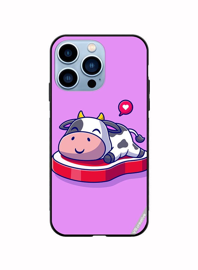 Protective Case Cover For Apple iPhone 14 Pro Max Cute Cow Sleeping On Beef Steak Cartoon Design Multicolour