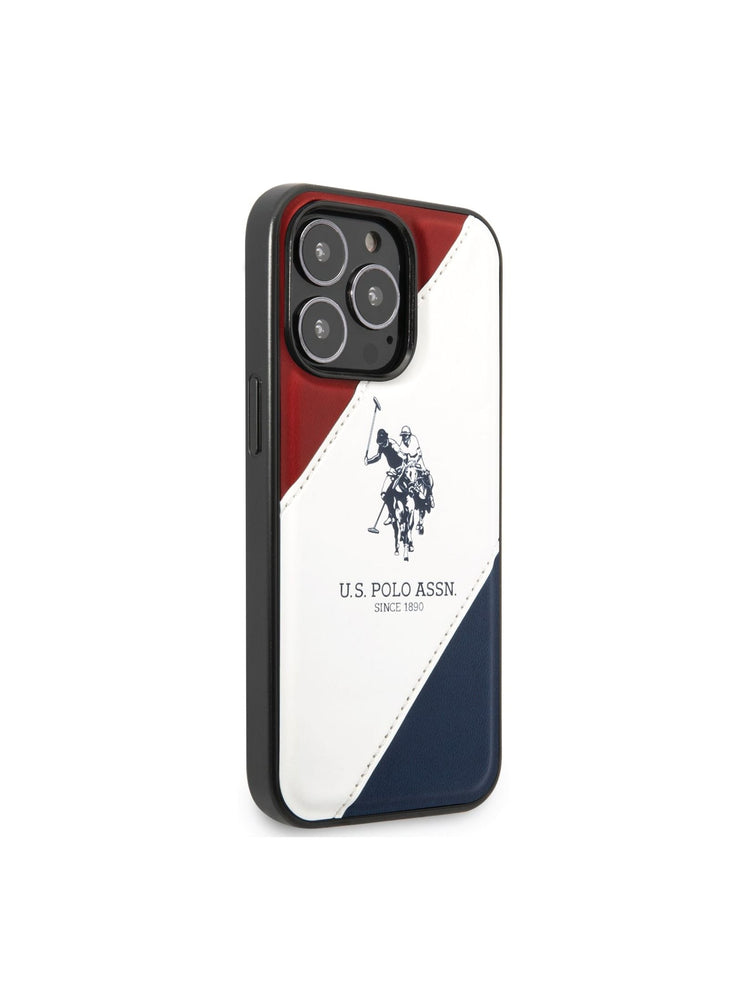 USPA iPhone 14 Pro PU Leather Case With Embossed Double Line & Horse Logo, Full Protection, Easy Snap-On & Slim Profile - Red/White/Navy