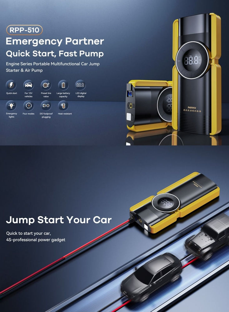 Portable Multifunctional Car Jump Starter Air Pump and Power Bank - Quick Start, USB Charging, LED Flashlight, SOS Alarm