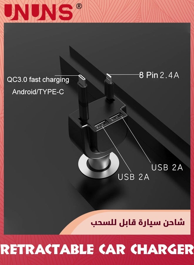 Retractable Car Charger,Fast Charge 3.1A 40W,Retractable Cables(3Ft) And 2 USB Ports Car Charger Adapter,Compatible With Cell Phones,Samsung Galaxy,Android,iPhone,iPad,Car Accessories Interior