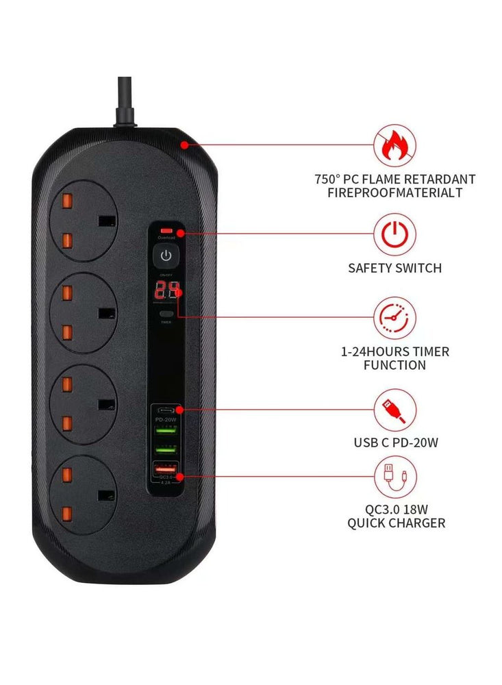 BKL-16 Universal Extension Cord With 4 Universal Sockets, 3 USB ports,  1 PD Ports and 2 Meter Multicolour